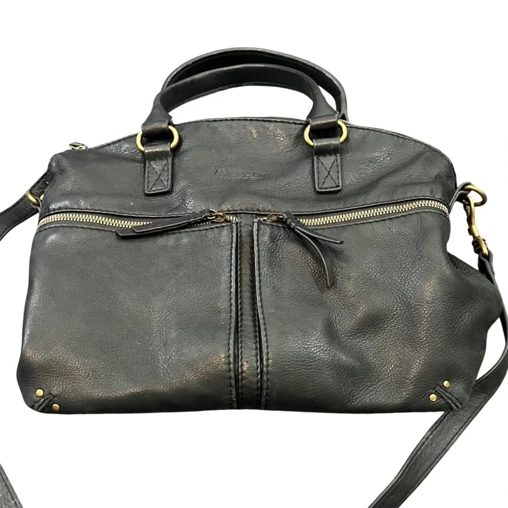 American Leather Co Satchel Women Medium Black Leather Crossbody Bag Gold Tone